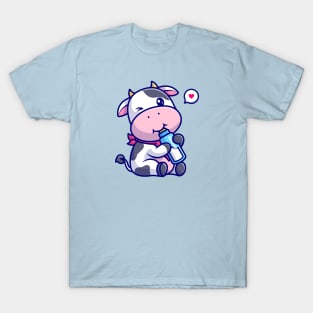 Cute Cow Drink Milk Cartoon T-Shirt